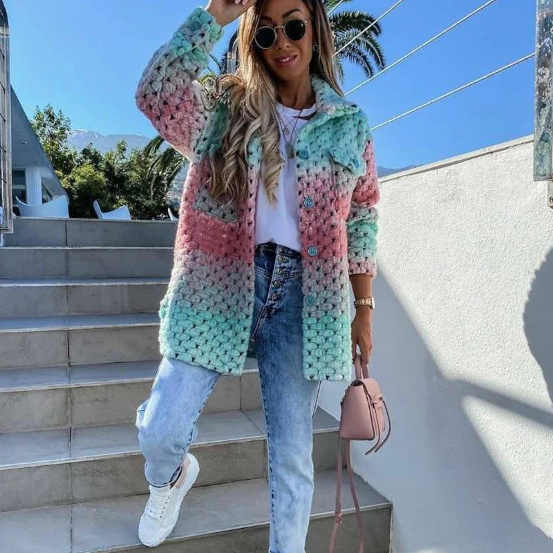 

Женское шерстяное пальто в стиле Харадзюку, с градиентным переплетением, с длинным рукавом, зимнее, 2021