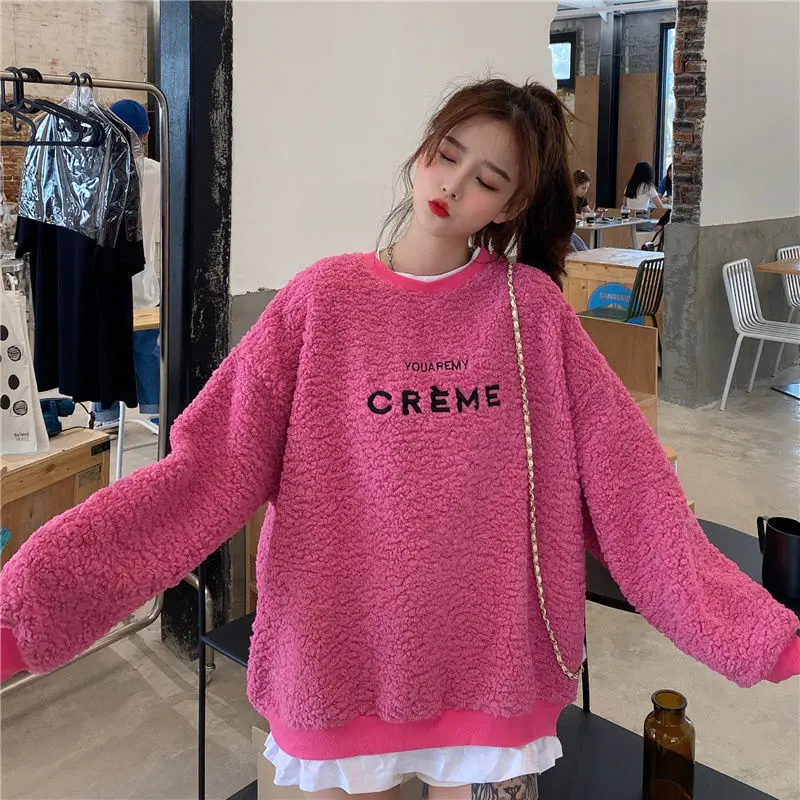 

Pullover Sweater Women 's Autumn and Winter Lazy Wind Plush Thickened Hoodless Loose Top