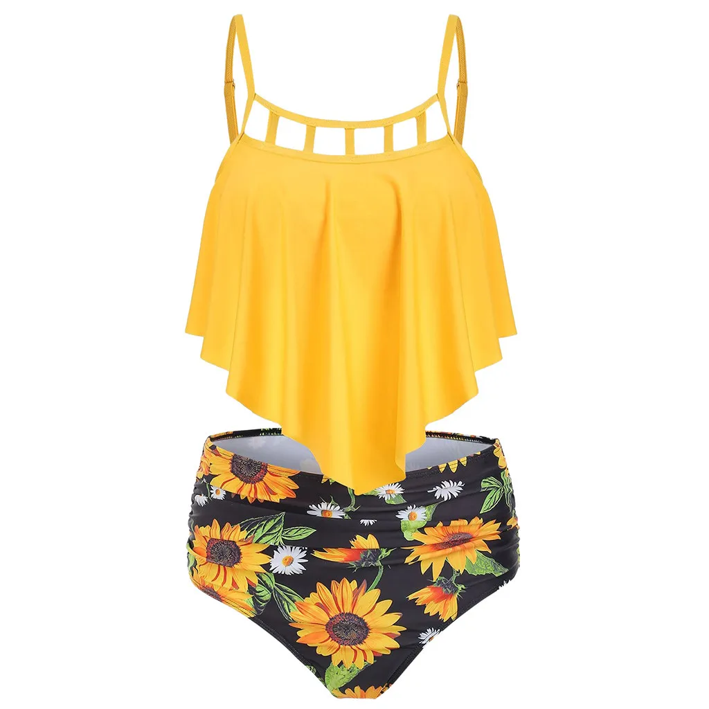 

Swimwear Women Ruffles Sunflower Print Bikini Push-Up Padded Bra Beach High waist bikini Set Sexy Swimsuit Beachwear Brazilian
