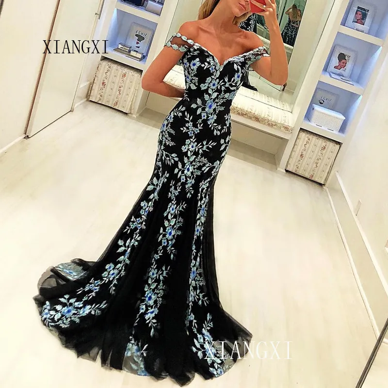 

Mermaid 2020 Evening Dresses Long Off The Shoulder Lace Appliques Floor Length Evening Dress Formal Party Gowns Robe de soiree