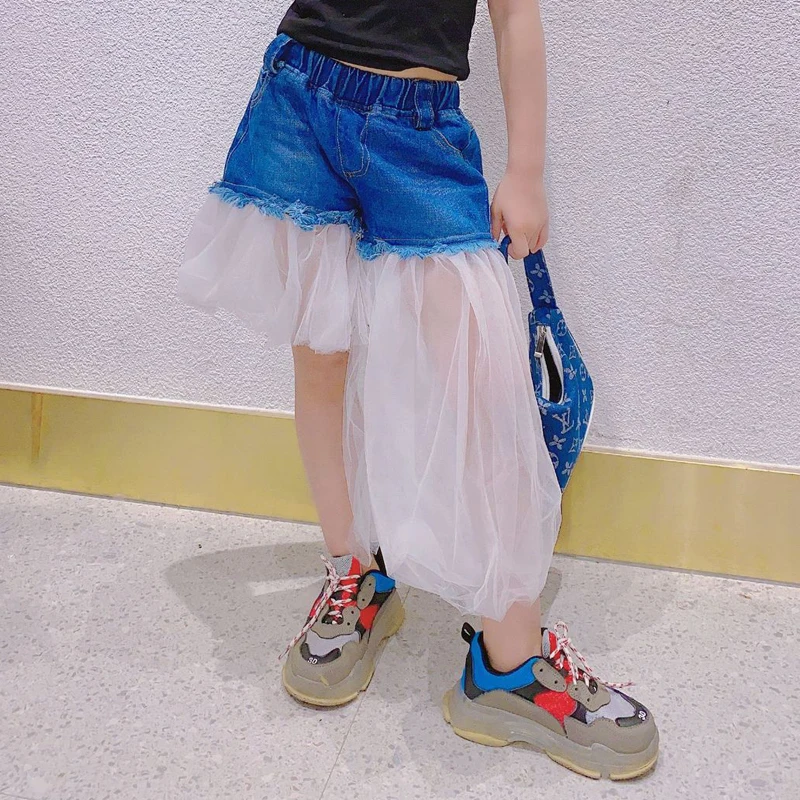 

Fashion Shorts Age For 3 - 12 Years Teenage Girls Denim Blue Stitching lace Shorts 2021 New Arrival Children Clothes Kids Shorts