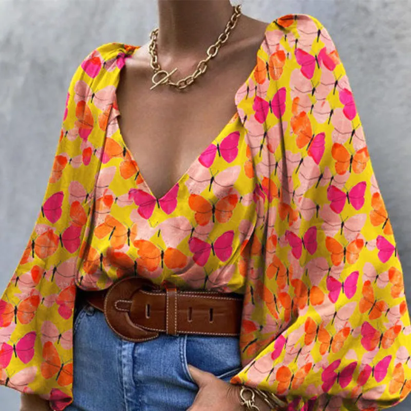 

2021 Retro Butterfly Long Sleeve Puff Sleeve Top Printed T-shirt Ladies 2021 Lace Orange V-Neck Woven Ladies Summer Street Wear
