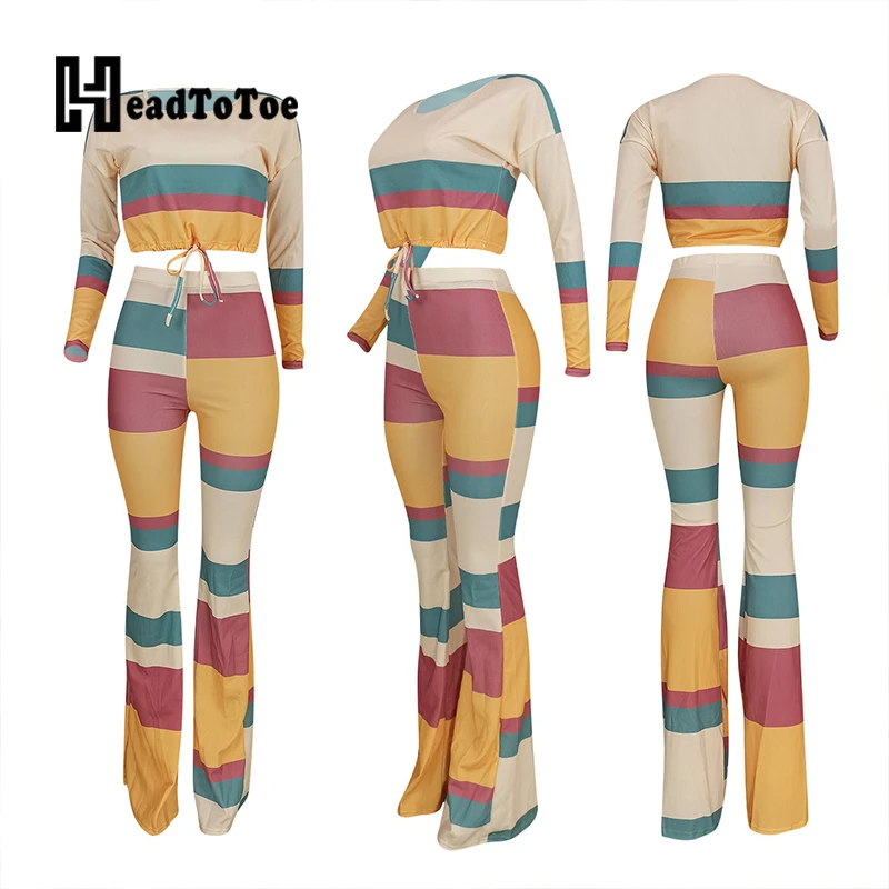 

Striped Colorblock Print Drawstring Fashion 2 Piece Set Women Full Sleeve Flare Navel Round Neck Two Piece Outfits Woman