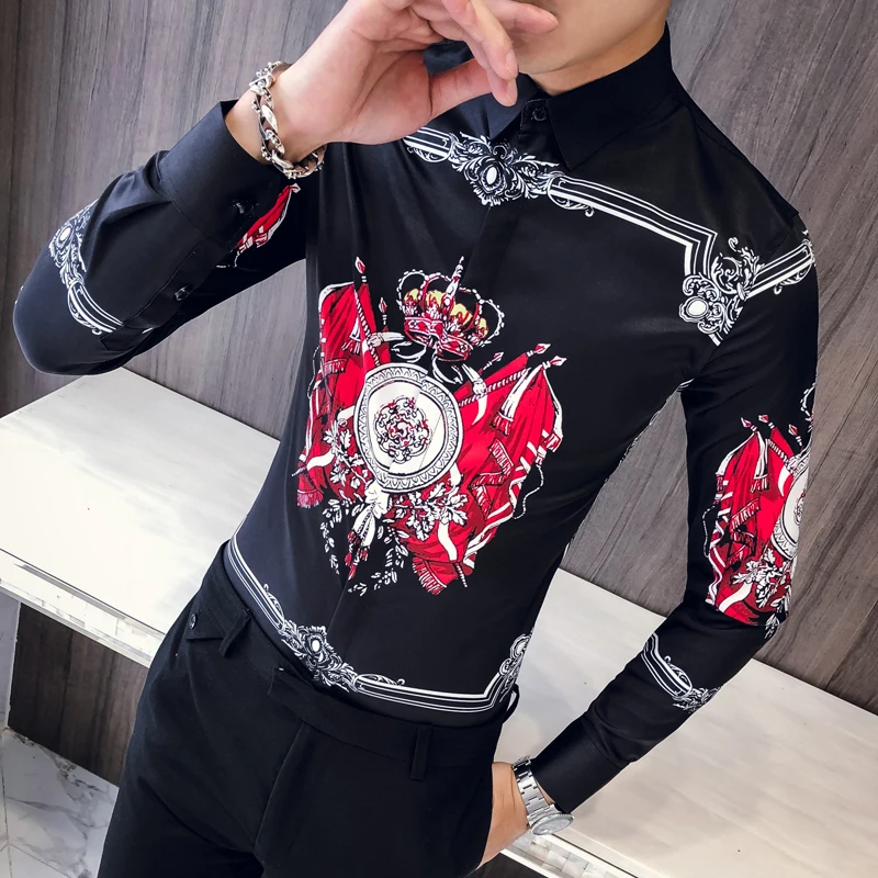 

Autumn and winter 2018 new British men's printed long sleeve shirt Korean Slim Fit Shirt 301a-1 / cs12 / p55