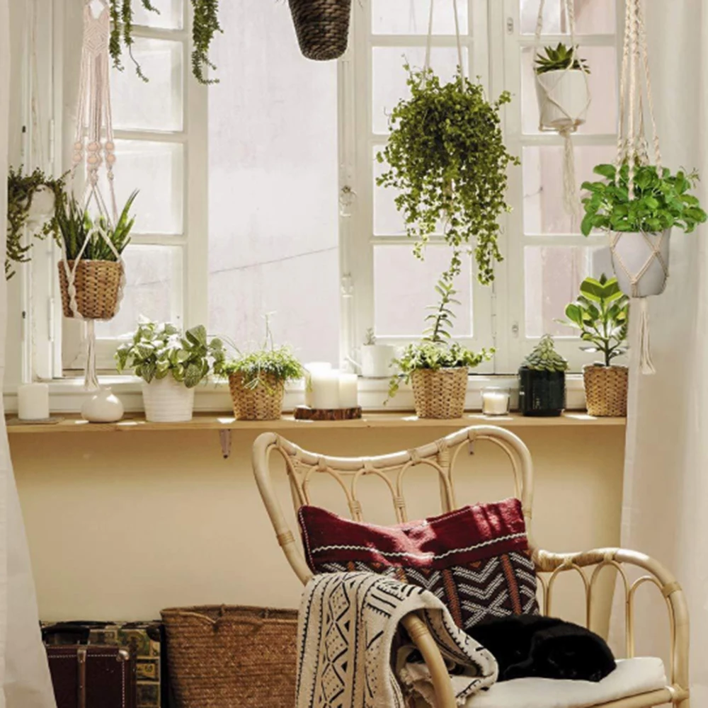 Плетеная подвесная корзина из хлопка и льна для цветов|Подвесные корзины| |