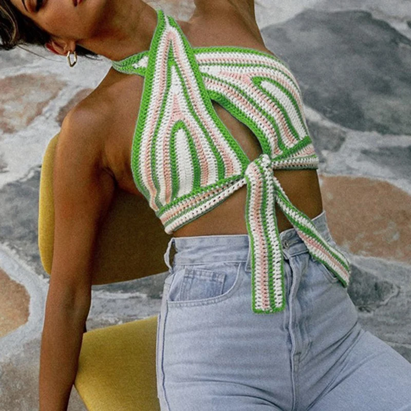 

Fashion Halter Knitted Lace Up Tank Tops Women Backless Sweater Vest Female Sexy Cropped Hollow Crop Tops