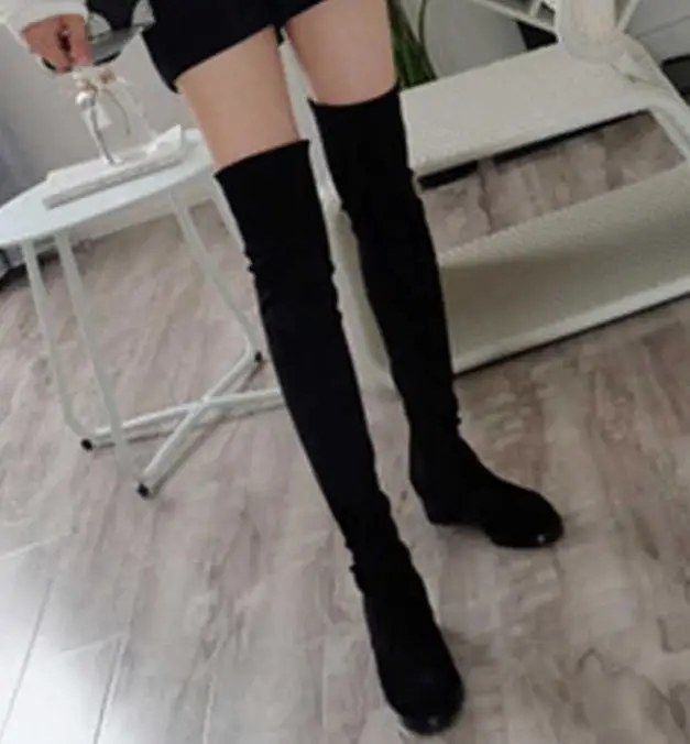 black Plus velvet Новое поступление; Сапоги выше колена; женские сапоги до бедра из эластичной ткани; пикантные женские сапоги на плоской подошве со шнуровкой; высокие сапоги; Bota Feminina - Цвет: black Plus velvet