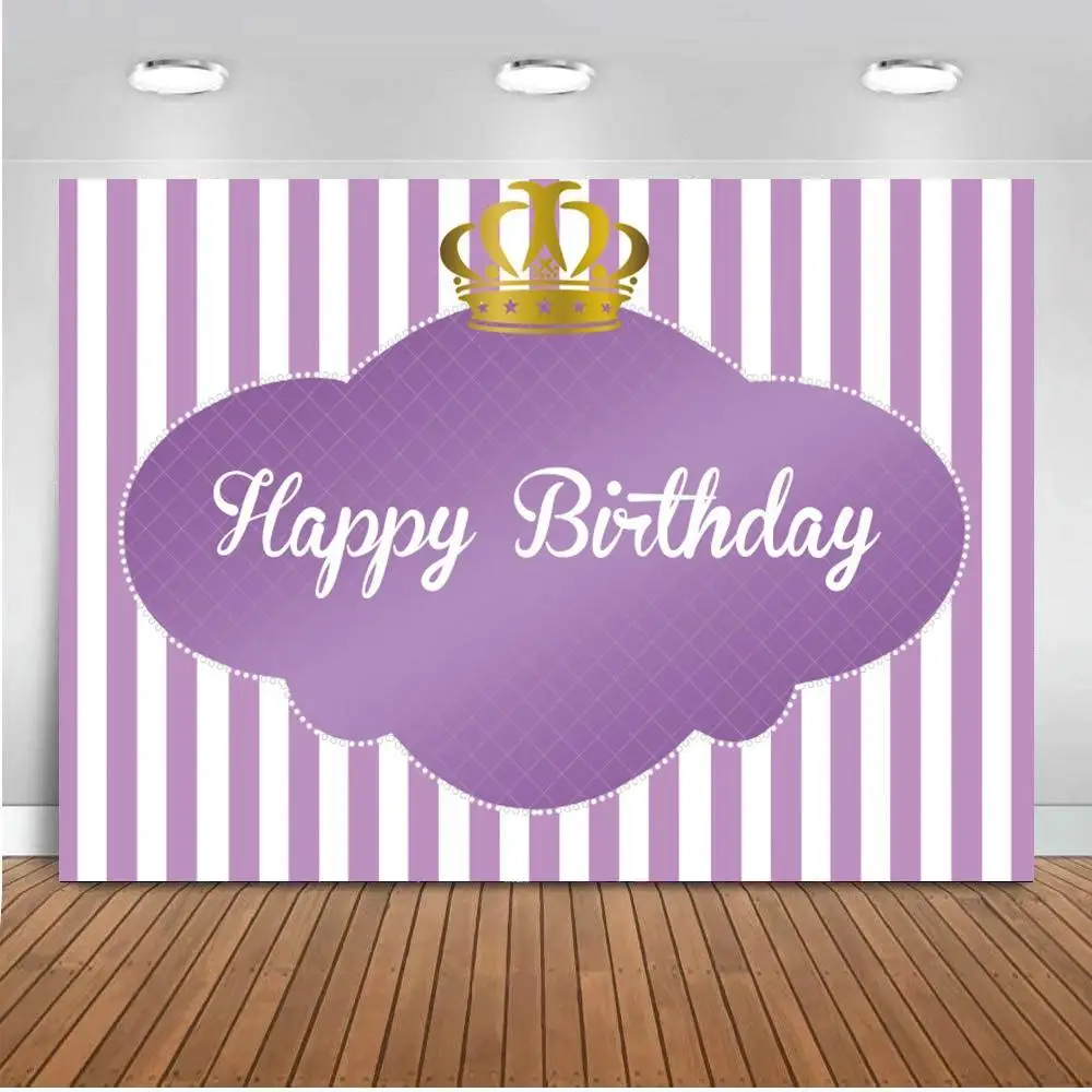 

Royal Purple Theme Party Banner Backdrops Photography Happy Birthdy Princess Crown Decoration Striped Photo Backgrounds Vinyl