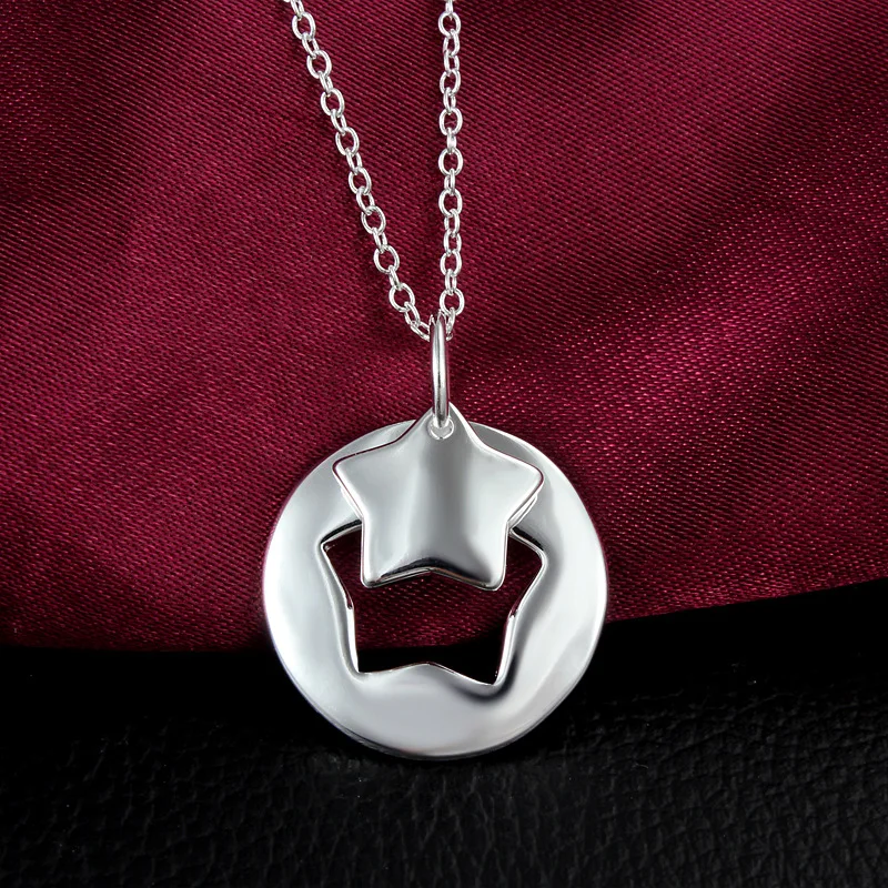 

925 Sterling Silver Fashion Round Star Pendant Necklace For Woman Teenage Young Girl Jewelry Gift CP016