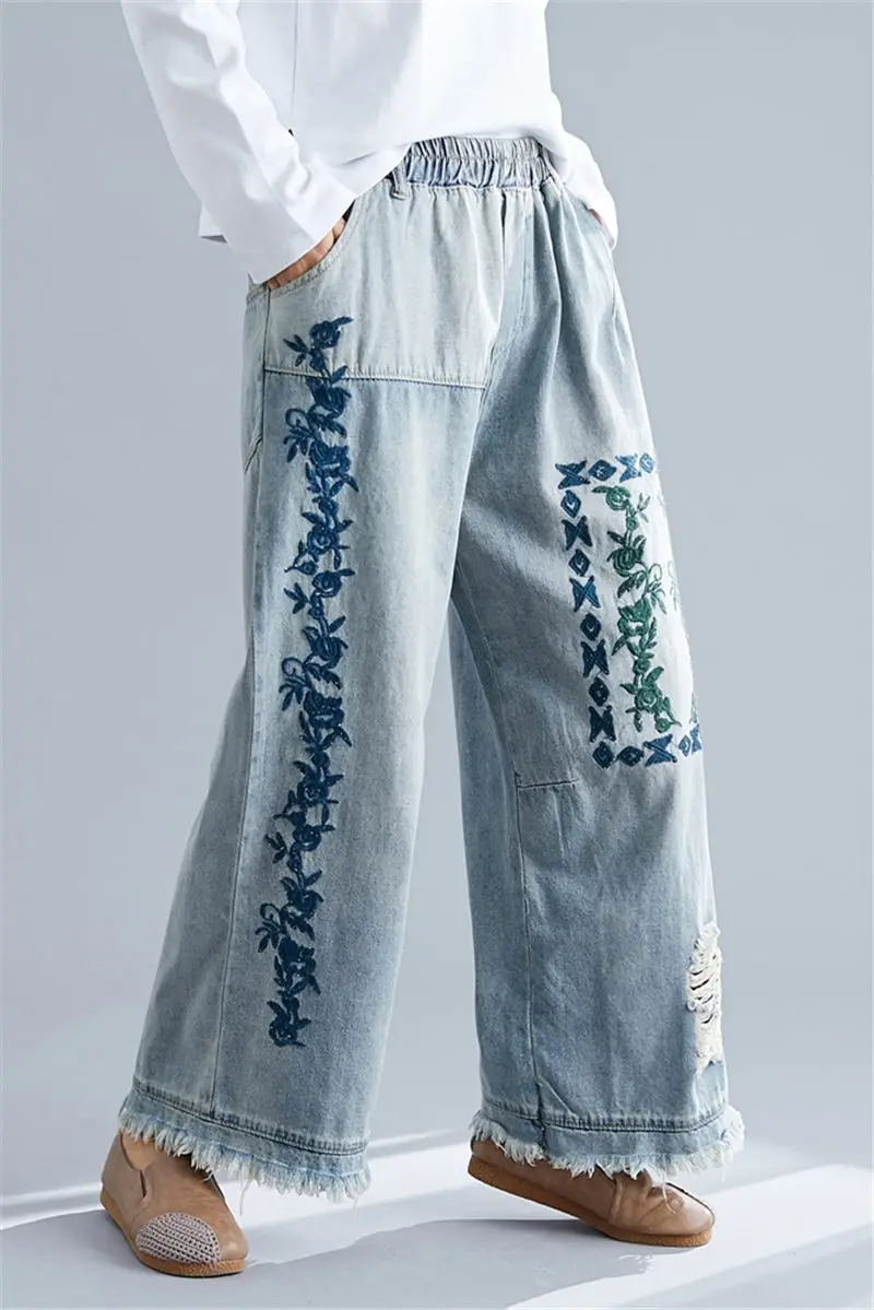 Размера плюс женские джинсы с вышивкой винтажные свободные прямые брюки