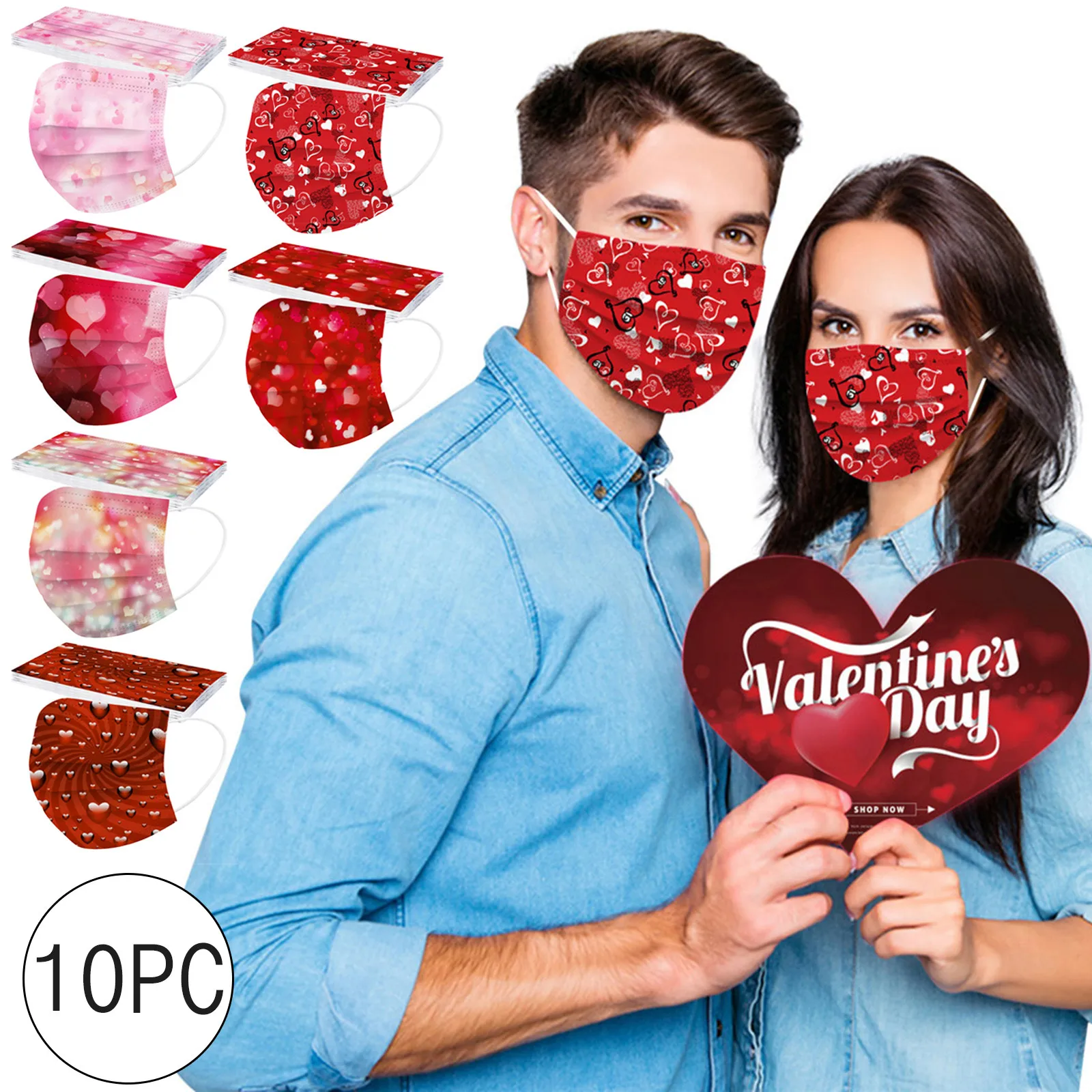 

10pc Disposable Adults Mask Valentine's Day Pink Heart Print Party Face Mask 3ply Ear Loop Lover Mascarillas Halloween Cosplay