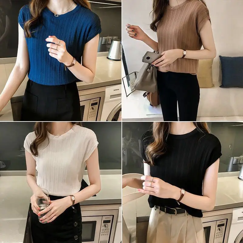 

Spring and Summer Loose Summer Solid Color Short-sleeved Woman Big Size Sweater Bottom Sweater Woman