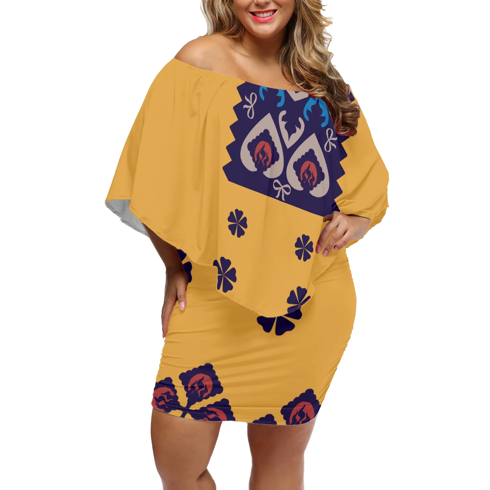 

Женская короткая юбка в стиле ретро с принтом в этническом полинезийском стиле, желтое летнее платье с открытыми плечами и оборками, мини-пл...
