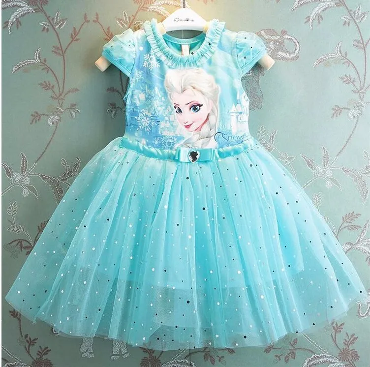 

Girls Female student cartoon sequin dress children's full dress Frozen princess dress cute gauze dress Girl long dress light
