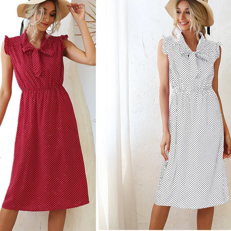 

Red Dot Print Dress Summer Women Bow Ruffled MIDI Dress Casual Wave Point Corset Une robe Dresses Women's Korean Office Dress