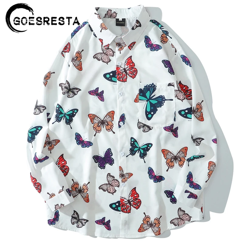 

Новинка 2020, модная мужская уличная рубашка в стиле хип-хоп, с принтом бабочки, с длинными рукавами, Harajuku, повседневная Осенняя мужская рубашк...