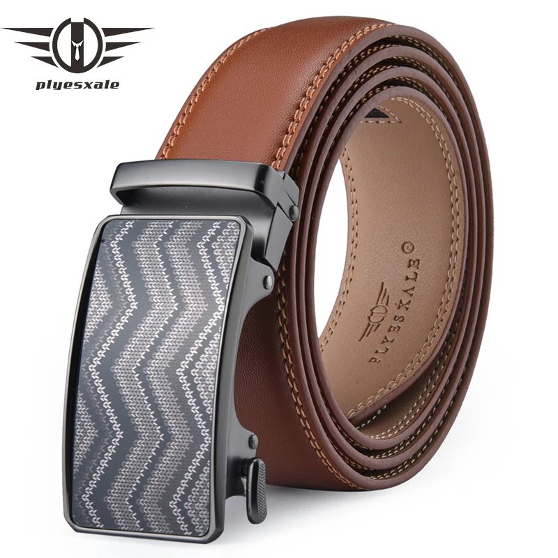 

Plyesxale Men's Belt Cowskin Leather Belts Brand Fashion Automatic Buckle Black Brown Formal Belts for Men 3.5cm Width G900