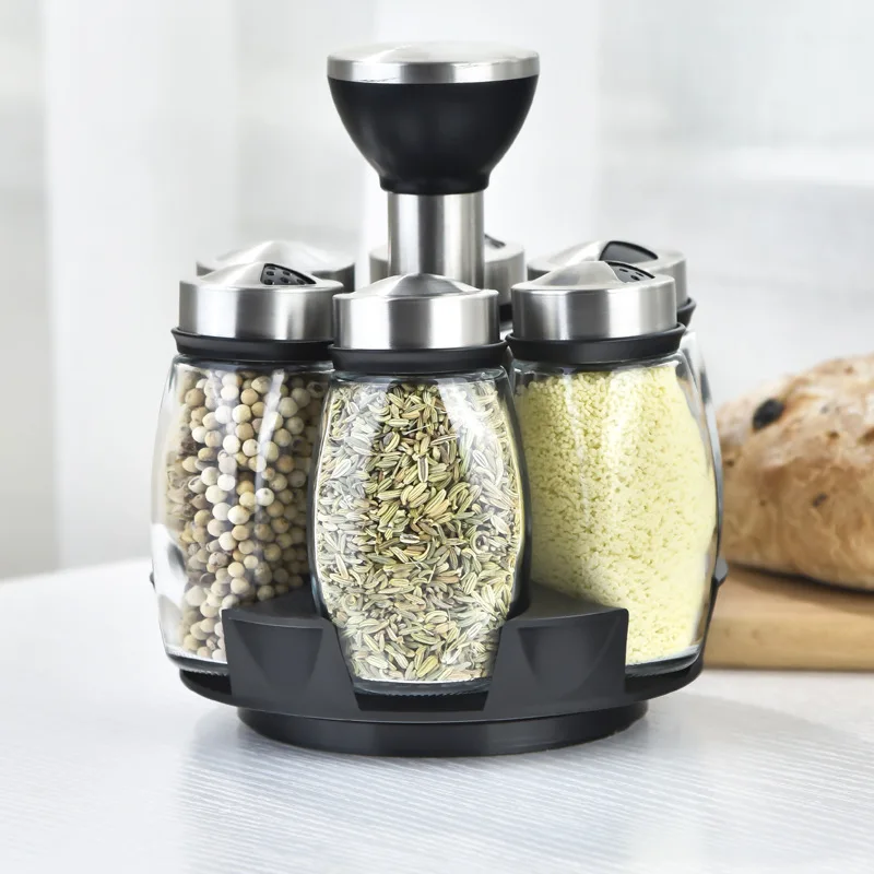 

Home kitchen glass seasoning can rotary seasoning box set stainless steel seasoning bottle 6 loading seasoning box