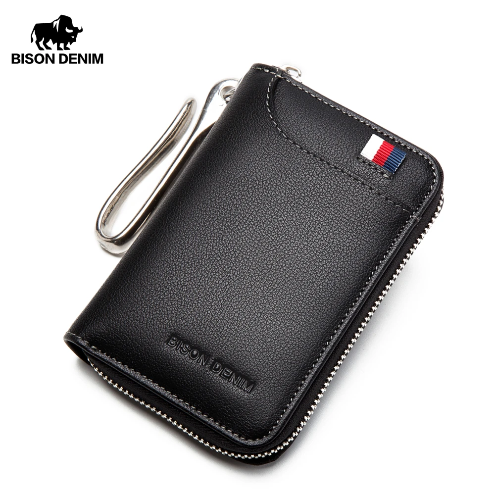 BISON DENIM, кошелек для ключей из натуральной кожи, мужской брелок для карт, чехол на молнии, держатель для карт, кошелек, органайзер для ключей, большая емкость, N9462