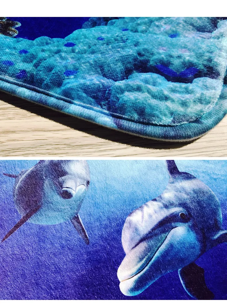 

4Pcs Dolphin Pattern Bath Mat Printed Shower Curtain Set Flannel Bathroom Rug Toilet Cover Bath Rug Non-Slip Bathroom Carpet Set