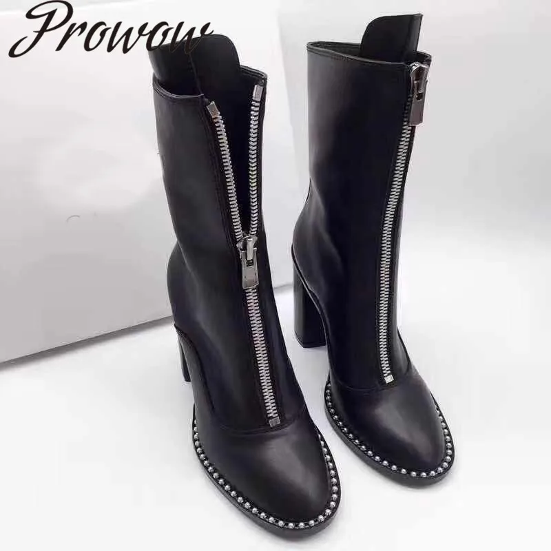 Prowow New Genuine Leather Metal Beading Autumn Winter Boots Round Toe Zip Clousure HIgh Heel Boots Cool Boots Women Shoes