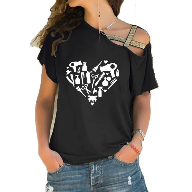 

Funny Barber Weapon Scissors Heartbeat T Shirt Women Tee Shirt Hairdresser T-shirt Irregular Skew Cross Bandage tee tops