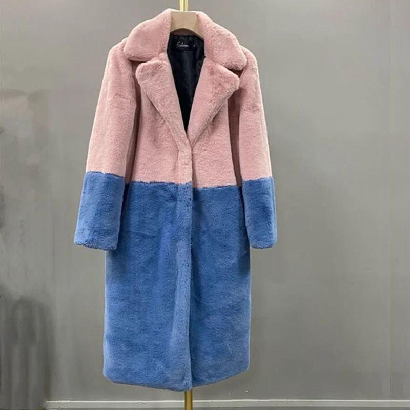 

Женское длинное теплое пальто из искусственного меха, повседневное пальто с отложным воротником, подходящего цвета, зима 2022