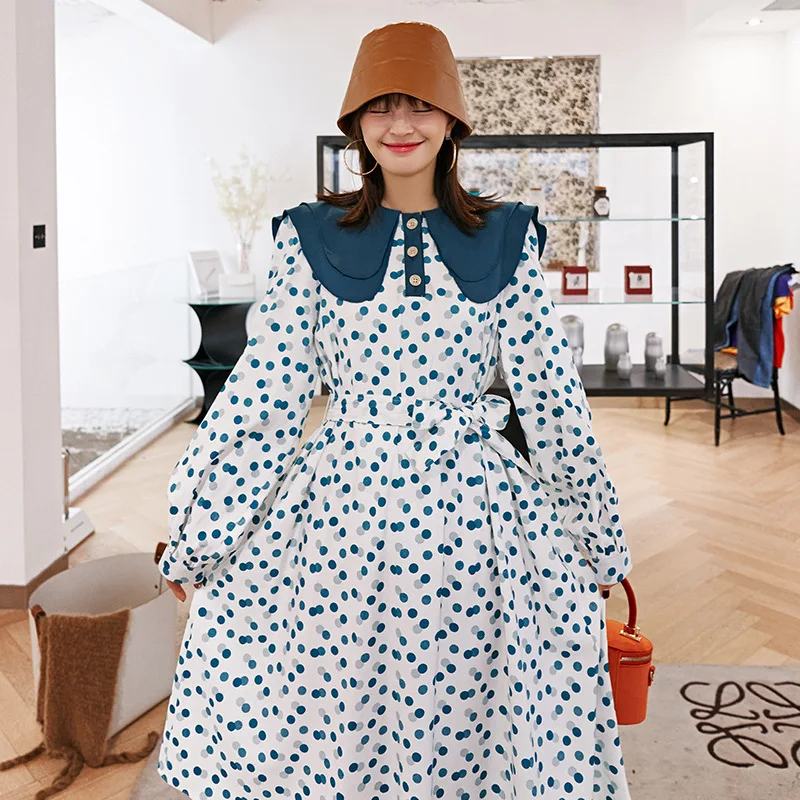 Женское винтажное платье LANMREM демисезонное в горошек с круглым воротником и