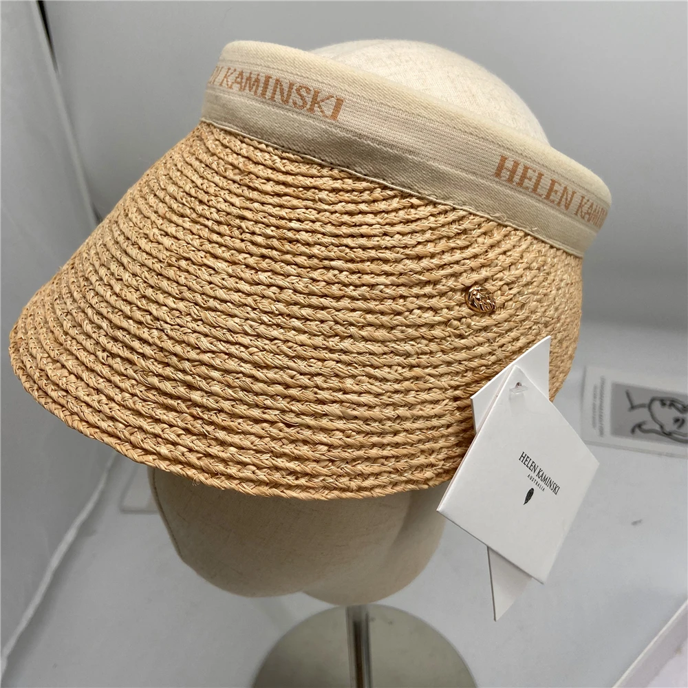 

Fashion Korean Sun Visor Straw Hats Outdoor Beach Hat Empty Top Anti-UV Travel Caps for Women With Brand Label