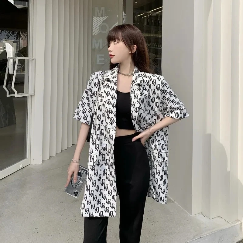 

Sister Fara New Fashion Print Short Sleeve Blazer Women's Spring Jacket Coat Thin Long Loose Blazers Ladies Summer Casual Blazer
