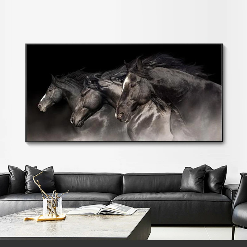

RELIABLI ART Black White Horse Running Pictures Animal Posters And Prints Canvas Painting Wall Art For Living Room Decoration