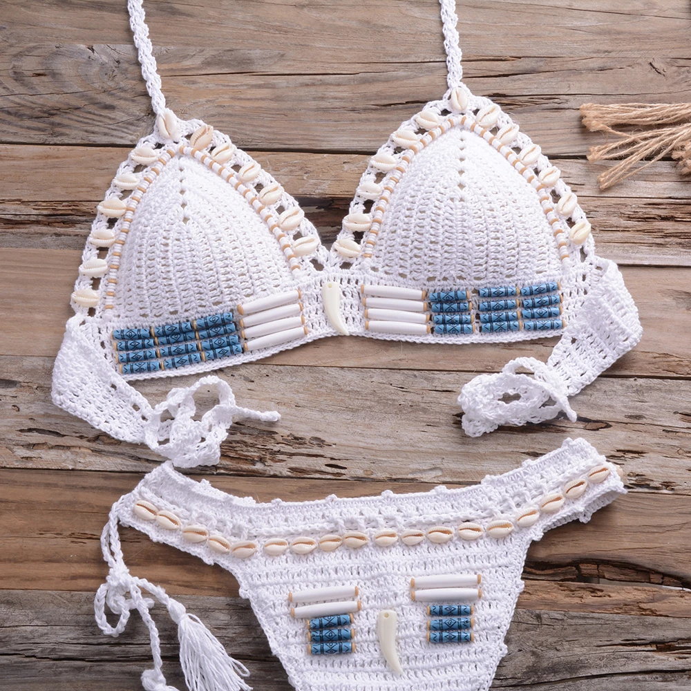 Blue sexy swimsuit, pearl shell, hand crochet, high quality, top, knitting, beach clothes, women's clothing