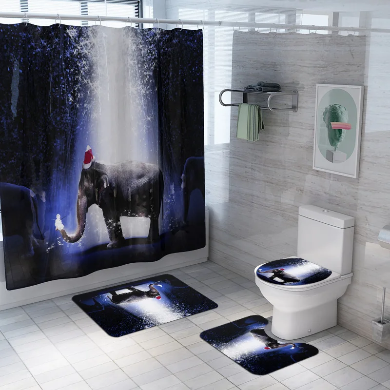 

Christmas Elephant Bathroom Set 180*180CM Waterproof Shower Curtain Non-slip Bath Mats Printed Pedestal Rug Toilet Seat Cover