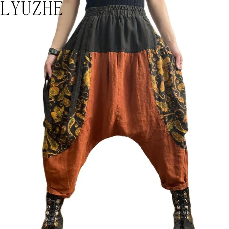 

LYUZHE Vintage Floral Pattern Women Cross-pants 2022 Summer Ankle-Length Pants High Waist Spliced Female Pants Loose QDY191