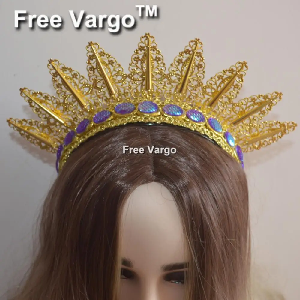 Holographic Burning Man Gold Bridal Tiara Headdress Crown Spiked Head Pieces Rave Stage Dancer Dj Singer Wear Hat Costumes