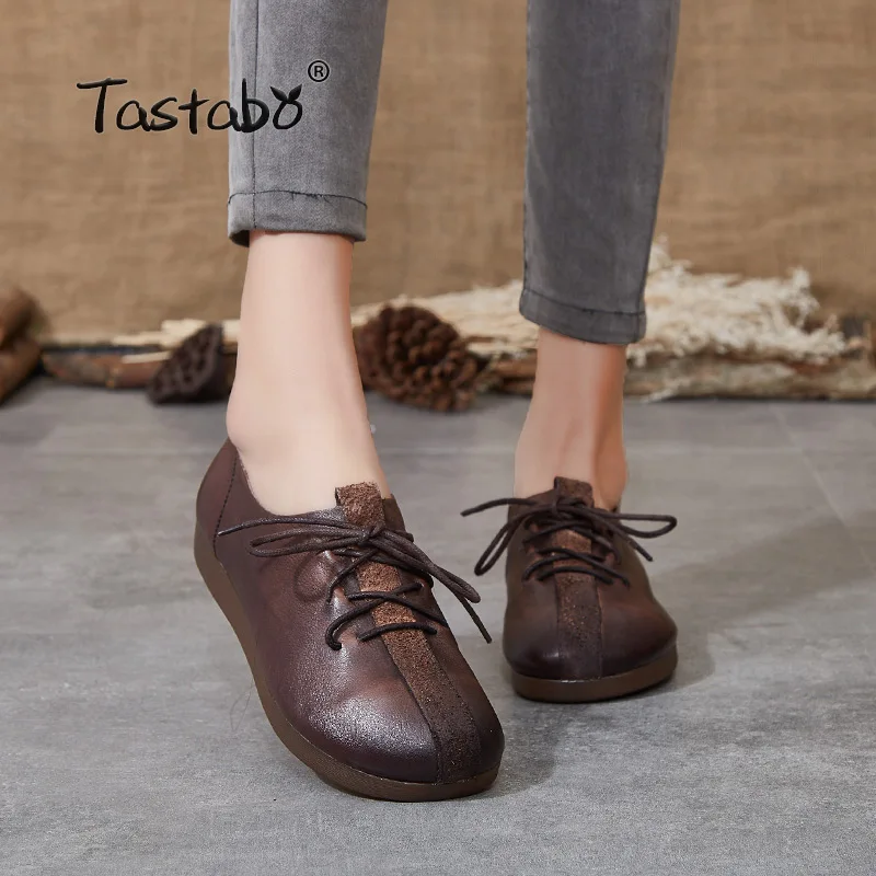 

Tastabo/женские туфли ручной работы из натуральной кожи; Туфли на мягкой подошве со шнуровкой; Коричневые, черные туфли на плоской подошве; Неск...