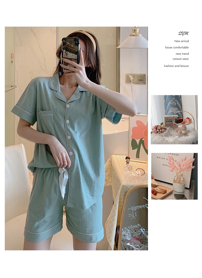 Fdfklak Short Sleeve Pajamas For Women Nightwear Ladies Casual Homewear Female Cotton Sleepwear 2 Pieces Set Summer Pijama