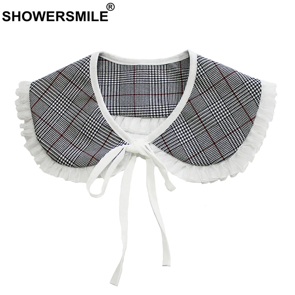 

SHOWERSMILE Peter Pan Collars Women Grey Plaid Detachable Collar Female Pleated Houndstooth Ladies Bow British Fake False Collar