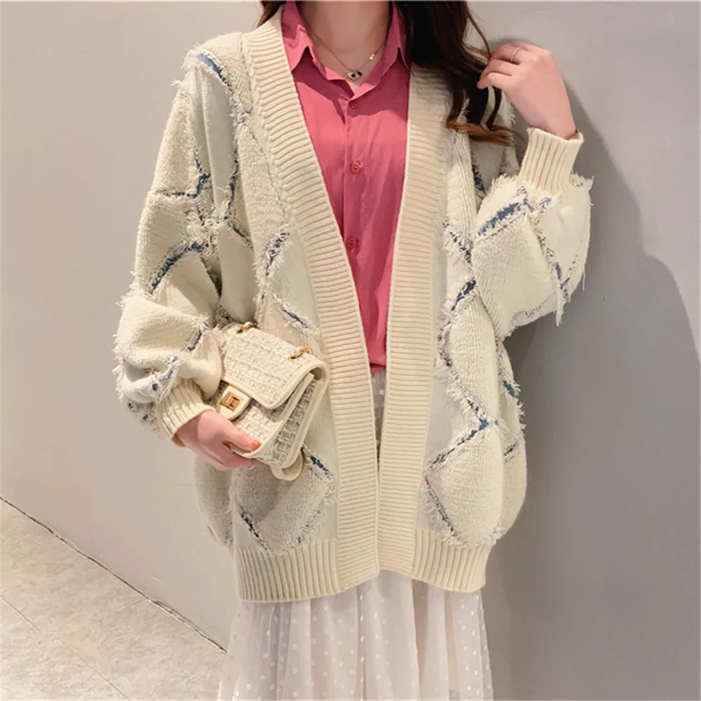 Свободный женский свитер кардиган на весну и осень милый толстый вязаный с