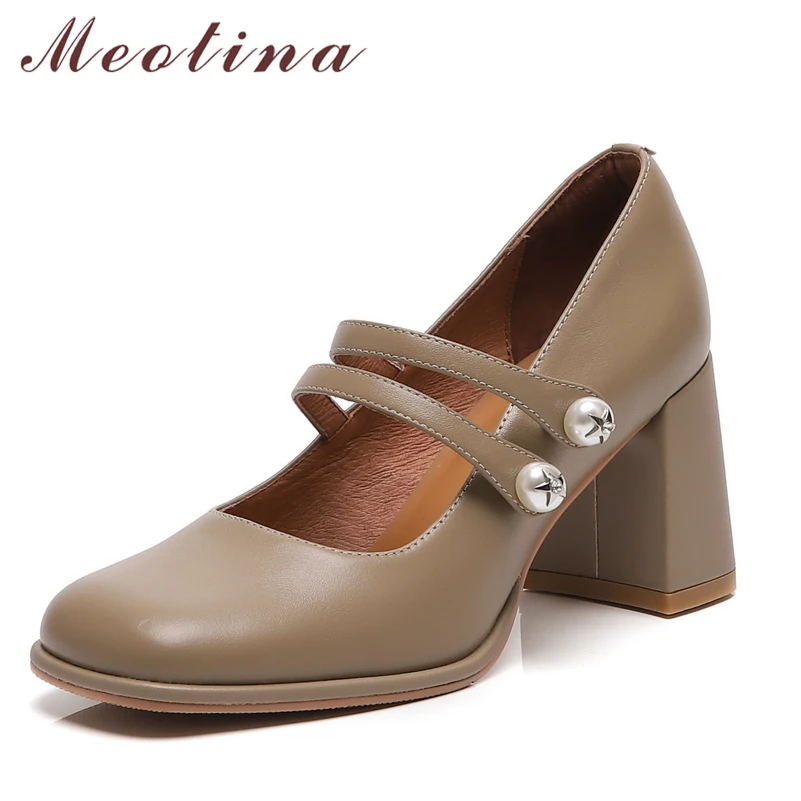 Meotina Women Mary Janes Shoes Genuine Leather Thick Heels Buckle Pumps Square Toe High Heel Ladies Footwear Spring Beige Black