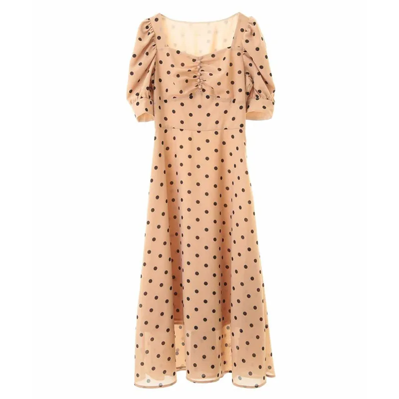 

Japanese Style Kawaii Polka Dot Print One Piece Elegant Square Collar Puff Short Sleeve Female Robe Summer Slim Dresses Women