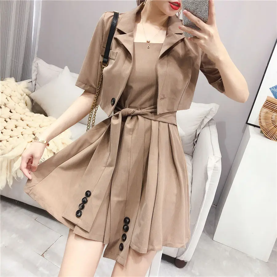 

Women 2021 Summer Fashion Elegant Sling Dress + Short Suit Jacket Set Female Two Piece Sets Ladies Chic Office 2 Piece Suit Y07