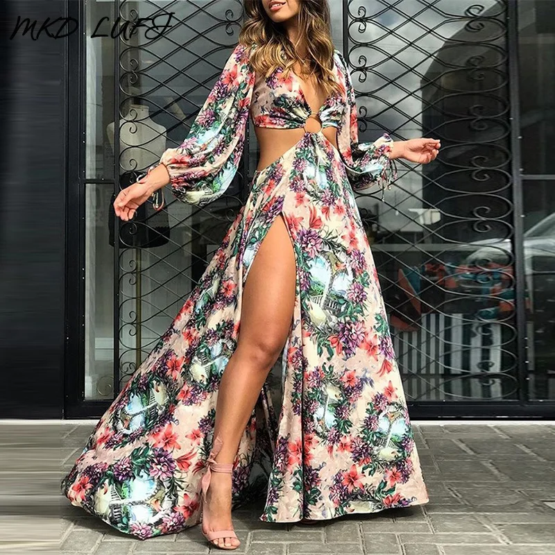 Women Floral Print Long Dress Sexy 