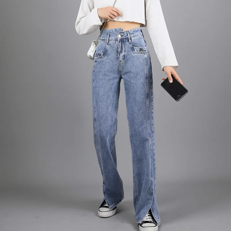 

Autumn Korean High Waist Wide Leg Straight Loose Long Words Embroidered Split Hem Denim Jeans for Women S M L XL XXL