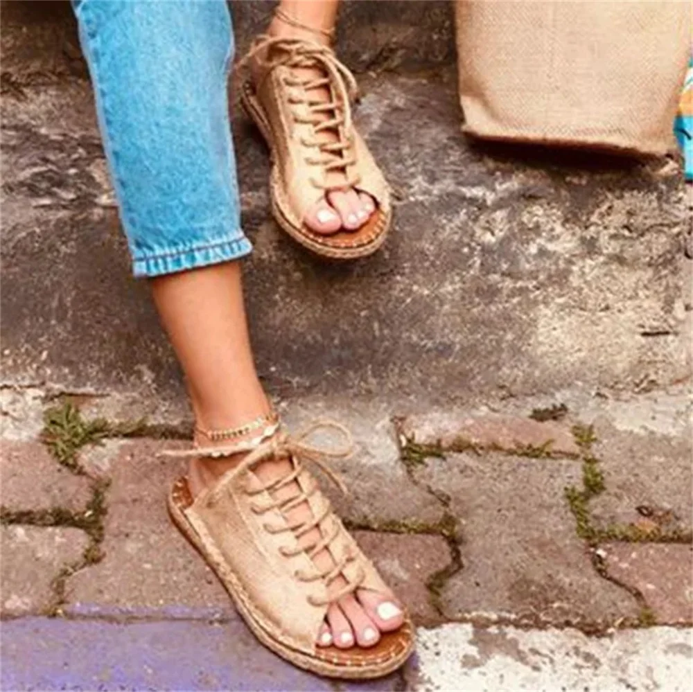 

Women Rome Sandals 2021 Summer Lace Up Peep Toe Ladies Casual Flat Slippers 35-43 Large-Sized Female Home Beach Shoes