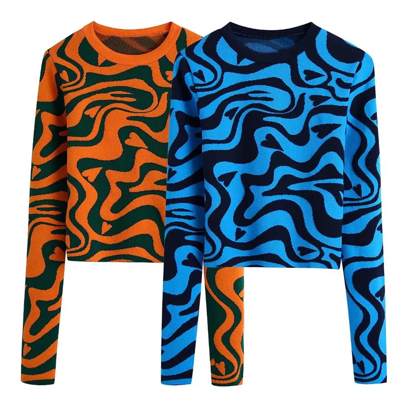 

Женский элегантный облегающий вязаный пуловер с круглым вырезом и принтом, осень 2021, Модный женский свитер с длинным рукавом, Женские Повсе...