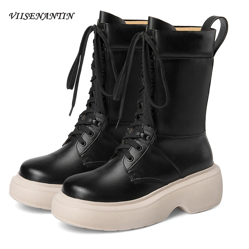 

Round Head Slope with Martin Boots Cowhide Thick-soled Increased Cross Straps Autumn New Short Tube Fashion Short Boots Women