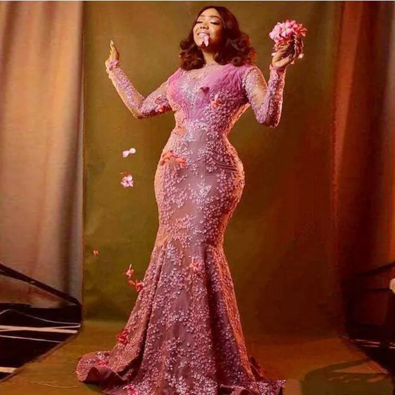 Ярко-розовые вечерние платья знаменитостей с длинным рукавом 2020 Воротник Sheer Jewel