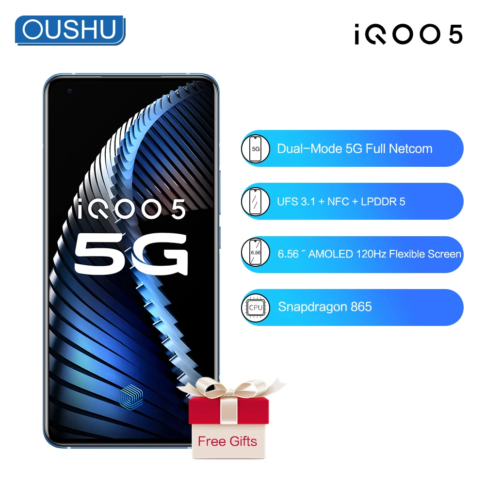 Оригинальный Новый 5G IQOO 5 Snapdragon865 4500mAh 55W Celular 12G 128G 50MP Тройная камера RearCamera 120Hz