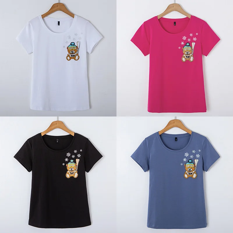 

IZEVUS Summer new hand-beaded embroidery little bear women's short-sleeved T-shirt round neck fashion slim casual shirt